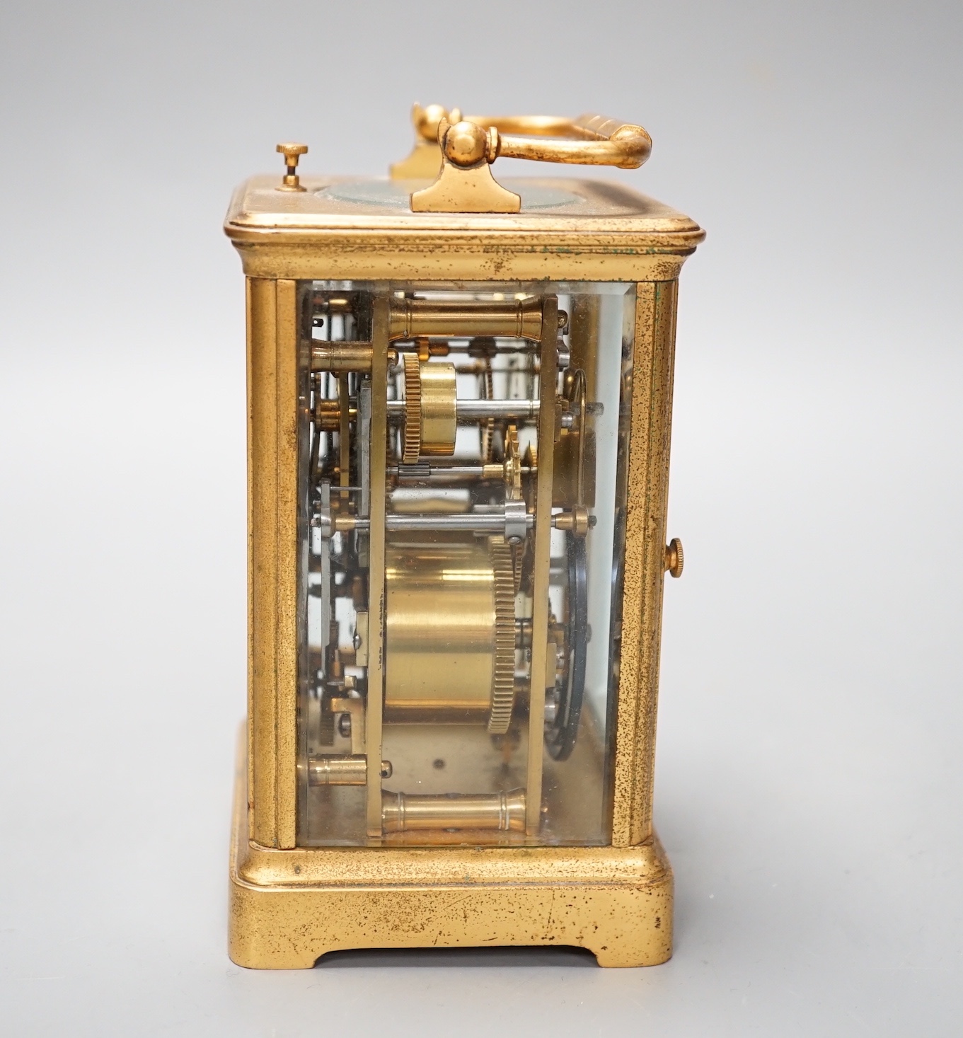 A French brass carriage clock with alarm and push repeat, retailers mark Luis E. Sinn Co. - 15cm